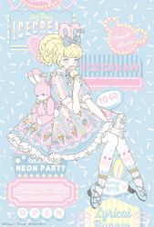 1girl ad angelic_pretty animal animal_ears blonde_hair blue_bow blue_eyes bow cherry copyright_name curly_hair dress eating fashion food frills fruit hair_ornament hairband high_heels holding holding_food ice_cream ice_cream_cone kira_imai leggings lolita_fashion lolita_hairband md5_mismatch neon_lights official_art patterned_clothing pink_bunny postcard printed_dress product_placement rabbit rabbit_ears real_life resolution_mismatch short_twintails sign source_larger sprinkles striped_clothes striped_dress stuffed_animal stuffed_rabbit stuffed_toy twintails