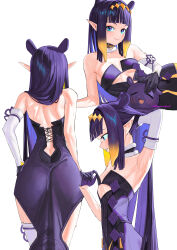 1girl absurdres alternate_eye_color arm_up armpits ass bare_shoulders blue_eyes blunt_bangs blush breasts choker commentary detached_sleeves diamond_hairband dress from_behind from_side fur-trimmed_choker fur_trim gloves gradient_eyes gradient_hair hand_in_own_hair highres hololive hololive_english light_smile long_hair looking_at_viewer lying massiveyog mole mole_under_eye multicolored_eyes multicolored_hair multiple_views ninomae_ina&#039;nis ninomae_ina&#039;nis_(1st_costume) octopus on_side orange_hair pointy_ears purple_eyes purple_hair sidelocks simple_background single_detached_sleeve small_breasts strapless strapless_dress sweat takodachi_(ninomae_ina&#039;nis) tentacle_hair tube_dress very_long_hair virtual_youtuber white_background wide_hips