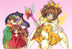 1990s_(style) 1boy 4girls :d absurdres animal_ear_hood antenna_hair ascot black_hair blunt_bangs bow brown_coat brown_eyes bubble_skirt card cardcaptor_sakura closed_eyes clow_card coat creature crown daidouji_tomoyo dot_nose double_bun dual_persona elbow_gloves facing_viewer fake_animal_ears fuuin_no_tsue gloves green_eyes green_hat hair_bow hair_bun hair_intakes hat highres holding holding_card holding_wand hood kero_(cardcaptor_sakura) kinomoto_sakura kinomoto_sakura_(miraculous_sakura) kinomoto_sakura_(winter_bunny) li_meiling li_syaoran long_hair looking_at_viewer magical_girl multiple_girls official_art open_mouth own_hands_clasped own_hands_together pink_background pink_gloves pointed_crown pom_pom_(clothes) red_bow red_coat red_eyes retro_artstyle scan short_twintails simple_background skirt smile takahashi_kumiko thighhighs twintails two_side_up v_arms wand white_gloves white_thighhighs yellow_ascot yellow_crown yellow_skirt yellow_wings