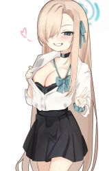 1girl asuna_(blue_archive) asuna_(school_uniform)_(blue_archive) black_bra black_skirt blonde_hair blue_archive blue_bow blue_bowtie blue_eyes blue_halo blue_ribbon blush bow bowtie bra breasts cleavage collarbone cowboy_shot dot_nose female_focus grin hair_over_one_eye hair_ribbon halo hand_up high-waist_skirt large_breasts long_hair looking_at_viewer meemz_a mole mole_on_breast naughty_face open_clothes open_shirt ribbon shirt simple_background skirt smile solo standing teeth underwear v very_long_hair white_background white_shirt