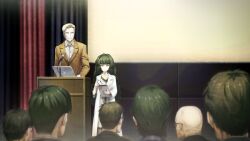 1boy 1girl 6+others alexis_leskinen bad_tag bald blonde_hair blunt_bangs brown_jacket buttons closed_mouth clothing_request coat collar collarbone collared_shirt computer crowd curtains dress flat_chest from_behind game_cg glasses green_collar green_eyes green_hair green_trim grey_dress grin height_difference highres hiyajou_maho holding holding_tablet_pc hood hood_down hoodie huke jacket lab_coat lapels laptop long_hair long_sleeves looking_at_another messy_hair microphone multiple_others nape non-web_source notched_lapels official_art rabbit_zipper ringed_eyes shirt short_hair smile square_pupils standing steins;gate steins;gate_0 tablet_pc thick_eyebrows very_long_hair very_short_hair white_coat white_shirt