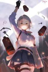 1girl absurdres arm_up black_gloves black_skirt closed_mouth collared_shirt commentary_request embers explosive girls&#039;_frontline girls&#039;_frontline_2:_exilium gloves grenade grenade_pin hair_ornament hairpin highres hojumari holding jacket jacket_partially_removed looking_at_viewer necktie official_alternate_costume pink_necktie pouch school_uniform shirt short_hair skirt solo striped_necktie thigh_pouch vector_(girls&#039;_frontline) vector_(girls&#039;_frontline_2) vector_(vivi_sometimes_hides_her_molotovs)_(girls&#039;_frontline_2) vest white_shirt yellow_eyes yellow_jacket
