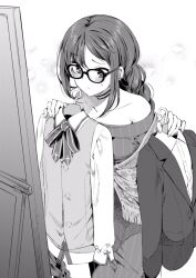 Rule 34 | 1girl, blush, bodysuit, bow, bowtie, braid, closed mouth, clothes hanger, collared shirt, fate/grand order, fate (series), glasses, hanabana tsubomi, highres, holding, holding unworn clothes, homurabara academy school uniform, jacket, long hair, long sleeves, looking at mirror, mirror, ribbed bodysuit, school uniform, shirt, simple background, solo, sweat, yu mei-ren (fate), yu mei-ren (first ascension) (fate)