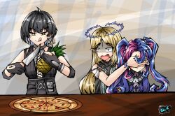 Rule 34 | 3girls, :q, artist logo, black gloves, black hair, blonde hair, blue hair, breasts, cartethyia (wuthering waves), closed mouth, colored inner hair, commentary, covering another&#039;s eyes, crown of thorns, earrings, english commentary, female rover (wuthering waves), food, fruit, gloves, hair ribbon, highres, holding, holding food, holding fruit, holding knife, jewelry, knife, logo, long hair, medium breasts, multicolored hair, multiple girls, open mouth, partially shaded face, pineapple, pink hair, pizza, pointy ears, ramara (ramara turqoise), ribbon, roccia (wuthering waves), rover (wuthering waves), surprised, tacet mark (wuthering waves), tongue, tongue out, triangle earrings, twintails, two-tone hair, white hair, wuthering waves, yellow eyes, yellow ribbon