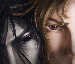 2boys black_eyes black_hair black_sclera blonde_hair blue_eyes brothers cheek-to-cheek colored_eyelashes colored_sclera commentary english_commentary eyelashes fantasy hair_over_eyes heads_together highres kathy-rah konrad_curze long_hair looking_at_viewer multiple_boys pale_skin primarch red_eyes sanguinius siblings sketch warhammer_40k