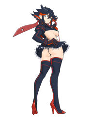 1girl absurdres ass black_hair blue_eyes blush boots breasts high_heel_boots high_heels highres kill_la_kill large_breasts matoi_ryuuko midriff navel red_hair short_hair skirt solo thigh_boots thighhighs toshinoshin underboob