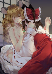 Rule 34 | 2girls, animal ears, bare shoulders, blonde hair, blush, bow, braid, breasts, brown hair, cat ears, cat girl, closed mouth, commentary request, detached sleeves, frilled bow, frilled skirt, frills, green bow, hair between eyes, hair bow, hakurei reimu, hand on another&#039;s ass, highres, holding hands, indoors, kemonomimi mode, kirisame marisa, long hair, long sleeves, medium breasts, medium hair, meji aniki, mouse ears, mouse girl, multiple girls, no headwear, nude, red bow, red skirt, red vest, ribbon-trimmed sleeves, ribbon trim, side braid, skirt, touhou, unworn skirt, vest, white sleeves, wide sleeves, yellow eyes, yuri