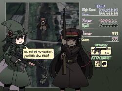 Rule 34 | 2girls, anger vein, angry, assault rifle, black dress, black headwear, daewoo k1, dress, english text, fake screenshot, green headwear, green jacket, green skirt, gun, hat, heads-up display, holding, holding weapon, jacket, karepack, military hat, military uniform, multiple girls, north korea, original, profanity, rifle, skirt, sks, touhou, user interface, weapon, witch, witch hat