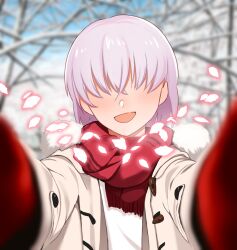 1girl blurry coat depth_of_field duffel_coat falling_petals fur-trimmed_coat fur-trimmed_hood fur-trimmed_scarf fur_trim gloves hood koshi_da looking_at_viewer meme mittens nightingale_(reincarnation_no_kaben) no_eyes open_clothes open_coat petals pink_petals pov pov_cheek_warming_(meme) purple_hair reaching reaching_towards_viewer red_gloves red_mittens red_scarf reincarnation_no_kaben scarf smile snowing solo tree upper_body white_coat winter_clothes winter_coat winter_gloves