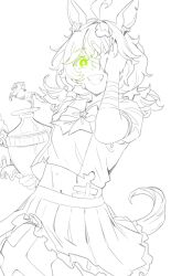 1girl absurdres ahoge animal_ears arm_up bandaged_arm bandaged_leg bandages bow bowtie brooch commentary covering_one_eye english_commentary fang fearsome_fate freckles frilled_skirt frills glowing glowing_eye green_eyes highres holding holding_trophy horse_ears horse_girl horse_race_tests horse_tail jewelry jovial_merryment leg_up low_twintails midriff open_mouth personification pleated_skirt puffy_short_sleeves puffy_sleeves scar scar_on_face school_uniform shirt short_sleeves simple_background skirt smile solo spot_color star_brooch sweat symbol-shaped_pupils tail teeth thernz torn_clothes torn_shirt tracen_school_uniform trophy twintails umamusume white_background