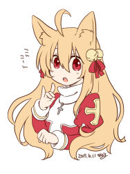 1girl animal_ears bell blonde_hair commentary_request cross cross_necklace dated dress fox_ears fox_girl fox_shadow_puppet hair_bell hair_between_eyes hair_ornament hair_ribbon high_priest_(ragnarok_online) jewelry jingle_bell juliet_sleeves ko~n long_hair long_sleeves looking_at_viewer nayuruonline necklace open_mouth puffy_sleeves ragnarok_online red_dress red_ribbon ribbon simple_background solo two-tone_dress upper_body white_background white_dress