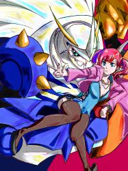 Rule 34 | 1girl, absurdres, black thighhighs, blue camisole, blue eyes, blue hair, breasts, camisole, cleavage, commentary, digimon, digimon (creature), digimon story: cyber sleuth, highres, jacket, mecha, multicolored hair, omegamon, pink background, pink jacket, red hair, robot, setsu (knint ), shiramine nokia, shoulder spikes, simple background, spikes, streaked hair, thighhighs, twintails, two-tone hair, w