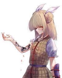 Rule 34 | 1girl, android, armor, armored dress, blonde hair, blunt bangs, blunt ends, damaged, double bun, dress, hair bun, hair ribbon, haniwa (statue), highres, hole in face, japanese armor, joutouguu mayumi, looking at viewer, mechabare, missing eye, profile, puffy short sleeves, puffy sleeves, purple sash, ribbon, sash, shirt, short sleeves, simple background, single vambrace, solo, standing, teruteru12, torn sleeve, touhou, upper body, vambraces, white background, white ribbon, white shirt, yellow dress, yellow eyes