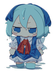 1girl absurdres ahoge blue_bow blue_dress blue_hair blue_shoes blush_stickers bow bowtie cirno collared_shirt commentary_request dress full_body fumo_(doll) hair_bow highres ice ice_wings kame_(kamepan44231) pinafore_dress red_bow red_bowtie shirt shoes short_hair short_sleeves sleeveless sleeveless_dress solo standing touhou wet wet_clothes white_shirt wings