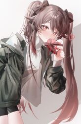 1girl black_bow black_jacket black_shorts bow brown_hair candy chocolate chocolate_heart cowboy_shot dekitateomoti flower-shaped_pupils food genshin_impact hair_bow heart heart-shaped_food highres holding holding_chocolate holding_food hu_tao_(genshin_impact) jacket long_hair looking_at_viewer nail_polish red_eyes red_nails shorts solo sweater symbol-shaped_pupils turtleneck twintails twitter_username valentine white_sweater