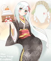 1girl absurdres animal black_kimono blue_eyes blush breasts chinese_zodiac closed_mouth commentary_request english_text grey_hair hand_up highres japanese_clothes kagami_mochi kimono long_hair long_sleeves medium_breasts non_(wednesday-classic) obi original red_eyes rope sash shide shimenawa sitting smile snake solo sun sunrise very_long_hair white_snake wide_sleeves year_of_the_snake