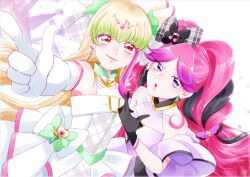 2girls armpits bare_shoulders black_gloves blonde_hair blunt_bangs blush bracelet braid center-flap_bangs cure_kiss cure_zukyuun dress earrings eyelashes finger_gun floating_hair frilled_dress frilled_sleeves frills gingham_dress gloves gradient_hair hair_ornament hair_ribbon hair_wings jewelry key kimi_to_idol_precure long_hair looking_at_viewer multicolored_hair multiple_earrings multiple_girls musical_note neck_ribbon pink_hair pota0606119 precure purple_dress purple_eyes red_eyes ribbon spoken_musical_note twin_braids twintails very_long_hair white_dress white_gloves wing_hair_ornament wrist_cuffs