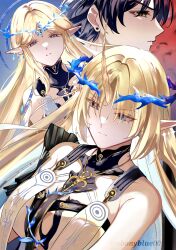 1boy 2girls absurdres bare_shoulders black_collar black_hair blonde_hair blue_eyes breasts cartethyia_(wuthering_waves) closed_mouth collar commentary crown_of_thorns dual_persona earrings ebonyblue00 english_commentary fleurdelys_(wuthering_waves) floating_earrings highres horns jewelry large_breasts long_hair looking_at_viewer male_rover_(wuthering_waves) multiple_girls necklace parted_lips pointy_ears rover_(wuthering_waves) sidelocks single_horn tacet_mark_(wuthering_waves) wuthering_waves yellow_eyes yellow_horns