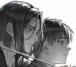age_progression aida_aot arm_around_neck black_jacket blade_to_throat child closed_mouth eren_yeager facial_mark greyscale highres jacket male_focus medium_hair monochrome parted_bangs parted_lips shingeki_no_kyojin short_hair sweatdrop time_paradox upper_body white_background