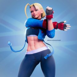 1girl 3d abs absurdres antenna_hair armor backlighting black_gloves black_pants black_sports_bra blender_(medium) blonde_hair blue_background blue_eyes blue_jacket bracer breasts cammy_white choker commentary contrapposto cropped_jacket english_commentary facial_scar fingerless_gloves gloves groin highres jacket mika_dawn navel pants red_armor scar scar_on_cheek scar_on_face short_hair small_breasts solo sports_bra standing street_fighter street_fighter_6 stretching suspenders_hanging swimsuit thighs tight_clothes tight_pants twitter_username unfastened union_jack vambraces yoga_pants