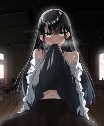1girl aitsu_no_kanojo black_hair black_skirt blush desk green_eyes highres long_hair looking_at_viewer mitsuya_yako panties panties_under_pantyhose pantyhose pleated_skirt school school_desk school_uniform shirt skirt underwear white_shirt