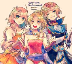 3girls blonde_hair breasts brown_eyes closed_mouth dress ear_piercing earrings faris_scherwiz final_fantasy final_fantasy_v green_eyes jewelry krile_mayer_baldesion_(ff5) lenna_charlotte_tycoon leotard long_hair looking_at_viewer medium_hair multiple_girls open_mouth piercing pink_hair ponytail purple_hair short_hair siblings simple_background sisters small_breasts smile sunagimo_(nagimo)