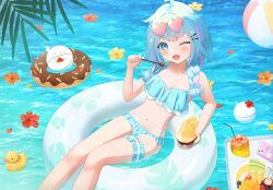 Rule 34 | 1girl, ;d, alternate costume, ball, beachball, bikini, blue bikini, blue eyes, blue hair, blunt bangs, braid, commentary request, cup, day, eyewear on head, fangs, frilled bikini, frilled thigh strap, frills, hair flaps, hair ornament, hair over shoulder, hairclip, heart, heart-shaped eyewear, highleg, highleg bikini, highres, holding, holding cup, holding spoon, hololive, hololive dev is, innertube, lightning ahoge, long hair, looking at viewer, low twin braids, lying, mizumiya su, multicolored hair, navel, on back, on innertube, one eye closed, open mouth, outdoors, pink hair, skin fangs, smile, solo, spoon, stomach, streaked hair, sugarillust, sunglasses, swim ring, swimsuit, thigh strap, twin braids, virtual youtuber, water
