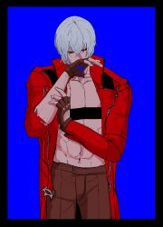 1boy abs absurdres arm_up bare_pectorals black_border black_gloves blue_background blue_eyes border brown_pants chest_strap coat collarbone crossed_bangs dante_(devil_may_cry) devil_may_cry devil_may_cry_(series) devil_may_cry_3 fingerless_gloves glove_cutout gloves hair_between_eyes highres long_sleeves male_focus mauli0889 navel pants pectorals red_coat short_hair solo standing torn_clothes torn_sleeve unzipped white_hair wiping_face zipper