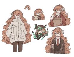 1girl anchor steamed_bun black_coat black_hat black_pants black_vest blind_obsession_(e.g.o) bow brown_hairband coat collared_shirt e.g.o_(project_moon) fluorescent_lamp food hair_bow hairband hat highres holding holding_anchor holding_paper id_card ishmael_(project_moon) jacket limbus_company long_hair looking_at_viewer multiple_views necktie open_mouth orange_eyes orange_hair pants paper project_moon red_necktie rope shirt sidelocks tull87e6 very_long_hair vest white_bow white_jacket white_shirt