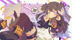 1girl absurdres alternate_costume animal_ears black_boots black_cardigan black_hair black_thighhighs blue_archive blush boots cardigan dated dog_ears dog_girl dog_tail double_v dress fishnet_thighhighs fishnets gingham_scarf hair_ribbon halo hammer hibiki_(blue_archive) highres kmd_tale long_hair long_sleeves looking_at_viewer multicolored_hair open_cardigan open_clothes pliers purple_eyes purple_hair ribbon scarf signature simple_background solo star_(symbol) tail thighhighs two_side_up v white_dress wrench