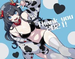 Rule 34 | 1girl, 2021, :d, animal ears, animal print, bare shoulders, belt collar, bikini, black bikini, black hair, blue eyes, bow, breasts, buttons, cardigan, chinese zodiac, cleavage, collar, cow ears, cow girl, cow horns, cow print, grey horns, grey thighhighs, groin, heart, highres, horn bow, horn ornament, horns, long hair, long sleeves, looking up, lowleg, lowleg bikini, medium breasts, navel, off shoulder, open cardigan, open clothes, open mouth, original, print cardigan, red bow, red collar, smile, solo, swimsuit, teeth, thighhighs, unbuttoned, year of the ox, yoshioka suke