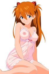 1girl bare_arms bare_legs bare_shoulders barefoot blue_eyes breasts camisole chemise cleavage hair_between_eyes highres interface_headset_(evangelion) jaaaan long_hair looking_at_viewer medium_breasts neon_genesis_evangelion nipples no_bra no_panties orange_hair see-through_chemise see-through_clothes sitting smile solo souryuu_asuka_langley twintails two_side_up very_long_hair white_background white_chemise wide_hips