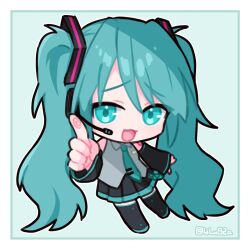 1girl :3 blue_eyes blue_hair boots chibi collared_shirt commentary_request detached_sleeves full_body hair_ornament hatsune_miku headphones headset highres long_hair long_sleeves looking_at_viewer necktie open_mouth pleated_skirt pointing pointing_at_viewer sanjou!!_(4lu82a) shirt skirt smile solo thigh_boots twintails very_long_hair vocaloid