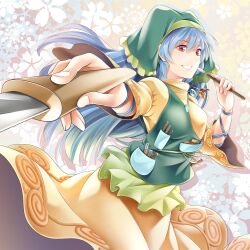 1girl apron arkatopia arm_ribbon blue_hair blue_ribbon commentary_request cowboy_shot dress floral_background green_apron green_headscarf grin haniyasushin_keiki headscarf holding_tool jewelry knife long_hair long_sleeves looking_to_the_side magatama magatama_necklace necklace pocket red_eyes ribbon smile solo touhou yellow_background yellow_dress