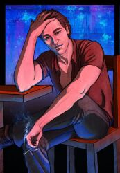 1boy black_eyes black_pants brown_hair looking_at_viewer naughty_dog on_floor pants red_shirt samuel_drake shirt smoking source_request