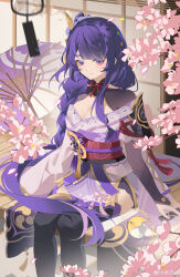 1girl absurdres armor asymmetrical_sleeves back_bow bird black_thighhighs blue_pupils blunt_bangs blurry bow braid breasts cherry_blossoms chinese_commentary cleavage closed_mouth clothing_cutout depth_of_field falling_petals genshin_impact glowing glowing_petals hair_ornament highres japanese_clothes kimono large_breasts light_blush light_particles light_smile long_braid long_hair looking_at_viewer looking_to_the_side mitsudomoe_(shape) mole mole_under_eye multicolored_eyes multicolored_hair neck_ribbon off_shoulder on_floor outdoors petals pink_ribbon purple_hair purple_kimono raiden_shogun rainbow red_ribbon red_sash ribbon sash shade shoulder_armor shoulder_cutout single_braid sitting solo streaked_hair thighhighs tomoe_(symbol) tree uneven_sleeves watermark weibo_7191377680 weibo_watermark wide_sleeves