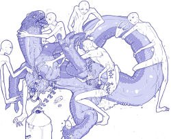alien breasts claws dokumushi extra_arms feet footjob french_kiss grabbing_another&#039;s_breast groping group_sex hug kiss lactation large_breasts monochrome monster monster_girl nipples no_humans penis pussy pussy_juice scales spread_pussy sweat tail tongue