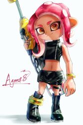 1girl agent_8_(splatoon) black_boots black_skirt boots character_name closed_mouth commentary_request crop_top dark-skinned_female dark_skin e-liter_4k_(splatoon) gun highres holding holding_gun holding_weapon kodak_painter korean_commentary long_hair looking_at_viewer miniskirt navel nintendo octoling pencil_skirt red_hair skirt smile solo splatoon_(series) splatoon_2 splatoon_2:_octo_expansion standing tentacle_hair thick_eyebrows weapon