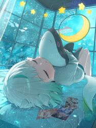 1girl absurdres bananafish1111 blue_shorts closed_eyes commentary_request fish gradient_hair green_hair highres holding holding_stuffed_toy horns indoors long_sleeves lying medium_hair multicolored_hair oarfish on_back on_bed open_mouth original ribbed_sweater sample_watermark shorts sleeping solo stuffed_animal stuffed_shark stuffed_toy sweater tail two-tone_hair watermark white_hair white_horns white_sweater