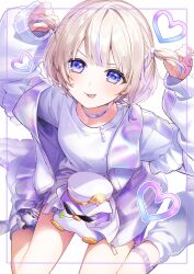 1girl arms_up banpen_(todoroki_hajime) blonde_hair blush border character_charm charm_(object) choker closed_mouth commentary_request dot_nose from_above hands_in_own_hair heart highres hololive hololive_dev_is inset_border jacket knees_out_of_frame long_sleeves looking_at_viewer loose_socks masyu_yuyu multicolored_hair open_clothes open_jacket outside_border purple_border purple_choker purple_eyes purple_hair shirt shoes short_hair shorts simple_background sitting sitting_on_lap sitting_on_person sleeves_past_wrists sneakers socks streaked_hair thighs todoroki_hajime todoroki_hajime_(1st_costume) tongue tongue_out twitter_username two-tone_hair two_side_up virtual_youtuber wariza white_background white_jacket white_shirt white_shorts white_sneakers white_socks