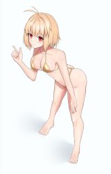 1girl absurdres ahoge arcueid_brunestud ass barefoot bikini blonde_hair blush breasts cleavage gold_bikini golden_week hand_on_own_thigh highres large_breasts looking_at_viewer meph1l pointing red_eyes short_hair simple_background smile swimsuit thighs tsukihime tsukihime_(remake)