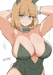 Rule 34 | 1girl, absurdres, animal ears, armpits, blonde hair, blush, bow, bowtie, brave witches, breasts, closed mouth, fake animal ears, fake tail, green bow, green bowtie, green eyes, green leotard, gundula rall, highres, large breasts, leotard, looking at viewer, playboy bunny, rabbit ears, rabbit tail, short hair, smile, sweat, tail, unkai daraku, world witches series
