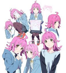 Rule 34 | 1girl, absurdres, ahoge, baylego, black pantyhose, black skirt, blue jacket, closed mouth, collared shirt, drawstring, expressionless, highres, holding, holding paper, hood, hooded jacket, jacket, looking at viewer, love live!, love live! nijigasaki high school idol club, medium hair, miniskirt, multiple views, neck ribbon, pantyhose, paper, parted lips, pink hair, pleated skirt, ribbon, school uniform, shirt, shoes, simple background, skirt, sneakers, tennoji rina, white background, white shirt, yellow eyes, yellow ribbon