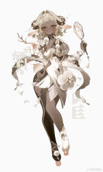 1girl absurdres animal_ears blonde_hair blunt_bangs branch breasts brown_eyes dark-skinned_female dark_skin dress flower full_body glasses goat_horns highres holding horns lamblab0824 looking_at_viewer original sheep_horns simple_background solo standing tail white_background white_dress