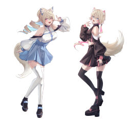 Rule 34 | 2girls, :d, alternate costume, alternate hairstyle, animal ear fluff, animal ears, black shirt, black shoes, black skirt, black thighhighs, blue eyes, blue hair, blue nails, blue skirt, breasts, clothing cutout, colored inner hair, crop top, dimazu, dog ears, dog girl, dog tail, drill hair, drill ponytail, full body, fuwawa abyssgard, high-waist skirt, highres, hololive, hololive english, large breasts, long hair, looking at viewer, medium breasts, mococo abyssgard, multicolored hair, multiple girls, open mouth, pink eyes, pink hair, pink nails, platform heels, pleated skirt, puffy sleeves, shirt, shoes, shoulder cutout, siblings, simple background, sisters, skirt, smile, tail, thighhighs, v, virtual youtuber, white background, white shirt, white thighhighs