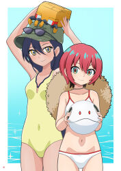 2girls absurdres amate_yuzuriha baseball_cap bikini black_hair blue_eyes breasts conch_(gundam) cowboy_shot eyewear_on_headwear green_hat gundam gundam_gquuuuuux haro hat highres long_hair looking_at_viewer multiple_girls nao_suke navel nyaan_(gundam_gquuuuuux) ocean one-piece_swimsuit red_hair short_hair small_breasts smile stomach sunglasses swimsuit white_bikini yellow_eyes yellow_one-piece_swimsuit