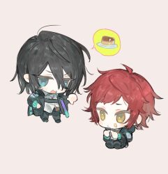 Rule 34 | 2boys, belt, black hair, black pants, blue eyes, chibi, chibi only, collared shirt, food, food on face, fork, hair between eyes, jacket, long sleeves, male focus, multiple boys, open clothes, open jacket, open mouth, original, pants, plate, pudding, qyzhiaiyisheng, red hair, shirt, short hair, simple background, speech bubble, white shirt, yellow eyes