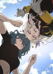 Rule 34 | 2girls, :o, ascot, black shirt, black shorts, blue eyes, blue hair, blue sky, blush, breasts, cloud, commentary, edelgard von hresvelg, female byleth (fire emblem), fire emblem, fire emblem: three houses, forehead-to-forehead, garreg mach monastery uniform, gloves, hair ribbon, heads together, highres, korokoro daigorou, long hair, long sleeves, looking at viewer, looking down, medium breasts, midriff, multiple girls, navel, nintendo, outdoors, purple eyes, purple ribbon, ribbon, shirt, short sleeves, shorts, sky, stomach, white ascot, white gloves, white hair