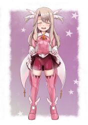 Rule 34 | 1girl, absurdres, bike shorts, blonde hair, breasts, clothes lift, dress, dress lift, fate/kaleid liner prisma illya, fate (series), gluteal fold, highres, illyasviel von einzbern, kebab (blackdoll), long hair, magical girl, pink background, prisma illya, simple background, small breasts, star (sky), steam, steaming body, white background