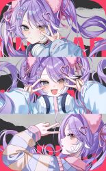 1girl absurdres blue_eyes blush double_v fang headphones headphones_around_neck heterochromia highres myowa purple_hair stellive tenko_shibuki v virtual_youtuber